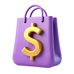 3d A purple shopping bag with a golden dollar sign on the front isolated on transparent background