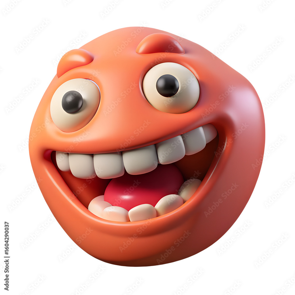 Poster a joyful 3d rendering of a smiling orange face with big eyes and teeth isolated on transparent backg