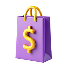 3d A purple shopping bag with a golden dollar sign on the front isolated on transparent background