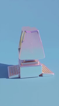 Retro Computer Monitor in Holographic Pastel Colors on Bright Blue Background
