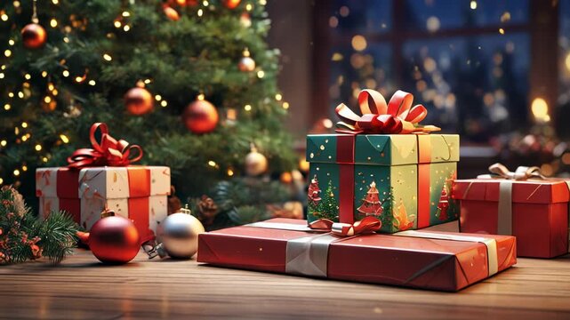 video background for New Year or Christmas greetings, close-up of beautifully wrapped gifts for the holiday