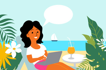 Freelancer Woman Working on Laptop by Sea