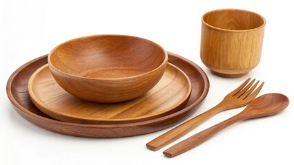 Elegant wooden tableware set featuring a bowl plate cup fork and spoon on a white background