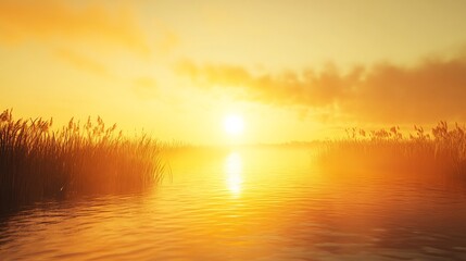 Tranquil marshland sunrise with golden mist rising from the water no human no labelling no logo