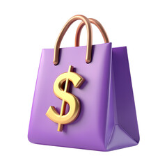 3d A purple shopping bag with a golden dollar sign on the front isolated on transparent background