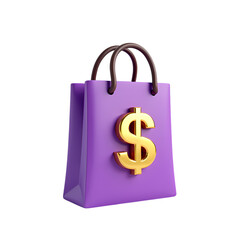 3d A purple shopping bag with a golden dollar sign on the front isolated on transparent background
