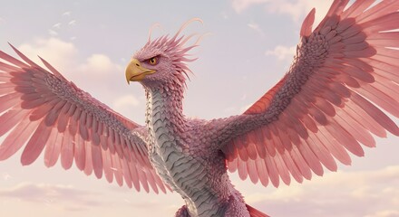 Pink mythological gryphon with golden beak