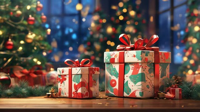 video background for New Year or Christmas greetings, close-up of beautifully wrapped gifts for the holiday