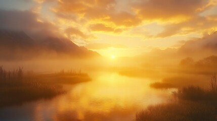 Tranquil marshland sunrise with golden mist rising from the water no human no labelling no logo