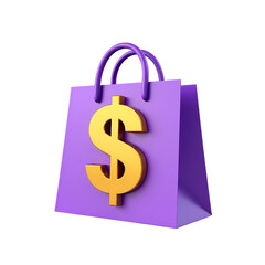 3d A purple shopping bag with a golden dollar sign on the front isolated on transparent background