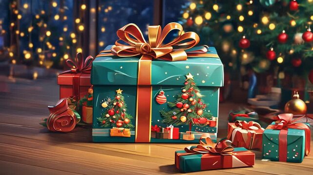 video background for New Year or Christmas greetings, close-up of beautifully wrapped gifts for the holiday