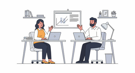 Two colleagues collaborating at desks, gesturing and working on laptops in an office setting with charts.