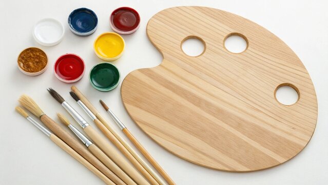 Overhead view of a wooden artists palette with paints and brushes on a white background ideal for art and craft projects
