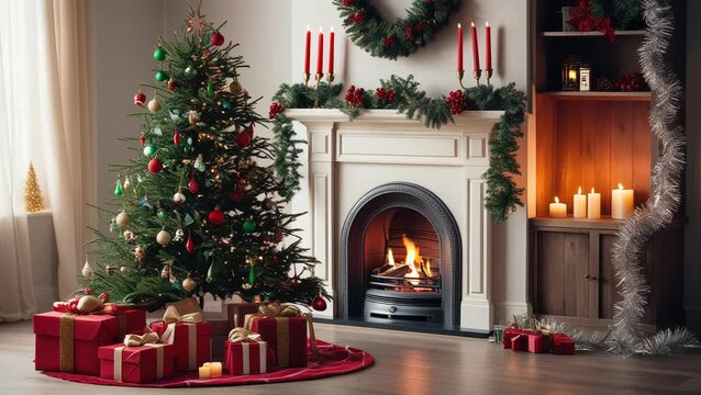 video background for New Year or Christmas greetings, cozy interior of a decorated living room with a fireplace, burning candles and a large Christmas tree