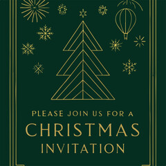 Elegant Gold and Green Christmas Invitation Card with Modern Line Art for Holiday Events and Party Flyers