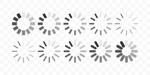 Circle Loading bar icons collection. load process symbol set isolated on transparent background. Upload status, buffering icon for website, infographic, mobile app, software