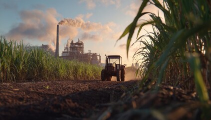 A tractor drives through a field of tall green plants towards a large industrial complex under a hazy sky at sunset.