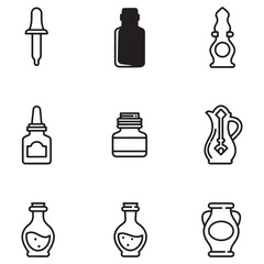 Collection of black and white illustrated bottles droppers and vessels icon set