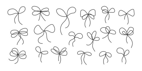 Hand drawn Doodle ribbon bow set. Modern minimalist black line style. Sketch decorative elements. vector for gift tag, packaging, holiday card, scrapbooking, invitation, festive decor