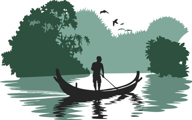 Silhouette of a person rowing a traditional boat through calm waters with lush green islands in the background