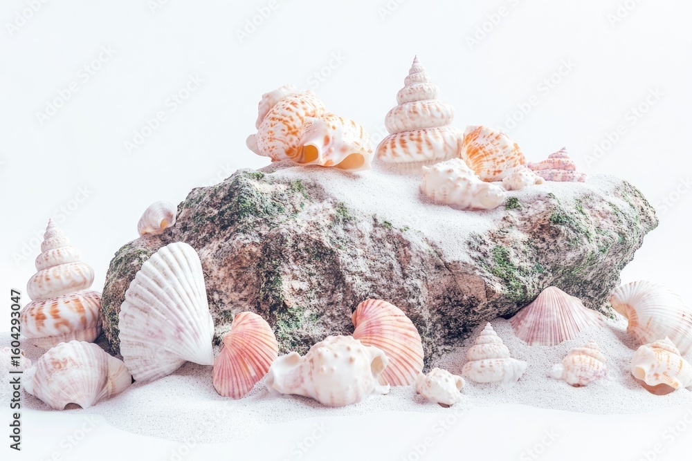 Poster assorted seashells arranged on a rock covered with sand, creating a serene beach scene.