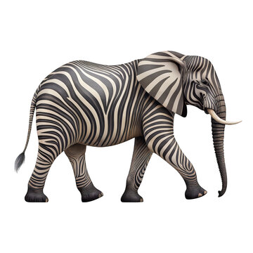 Striking zebra patterned elephant walking gracefully isolated on transparent background