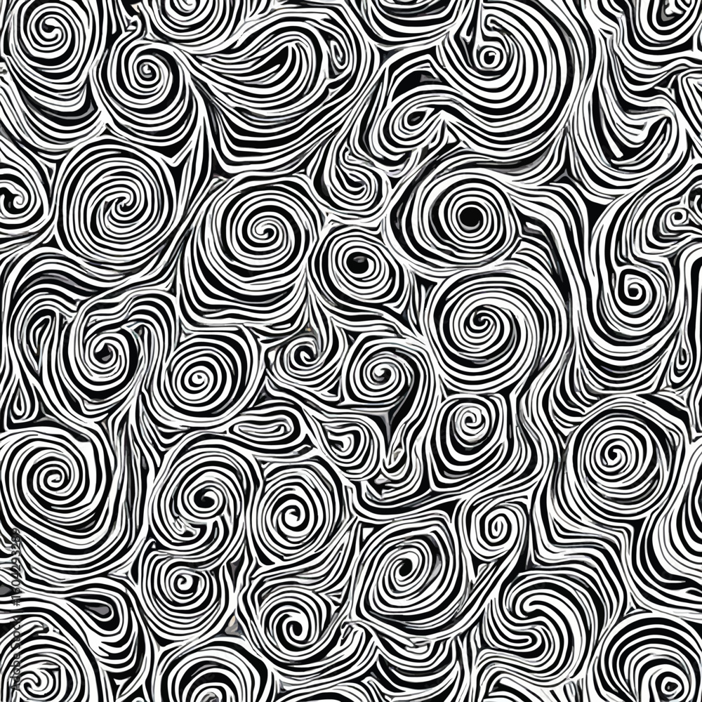 Poster abstract swirling monochrome pattern of interconnecting spirals and lines.