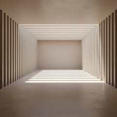 A futuristic beige architectural corridor with repeating slats casting long shadows from sunlight.