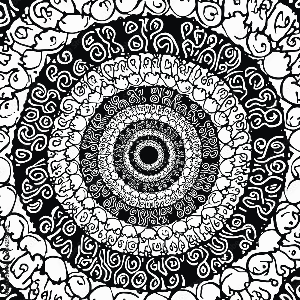 Poster Abstract black and white design with concentric circles and repeating patterns.