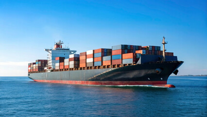 Fototapeta premium A large cargo ship navigates through serene waters, loaded with colorful containers. The vibrant sky adds to the tranquil scene while the ship carries out its essential delivery