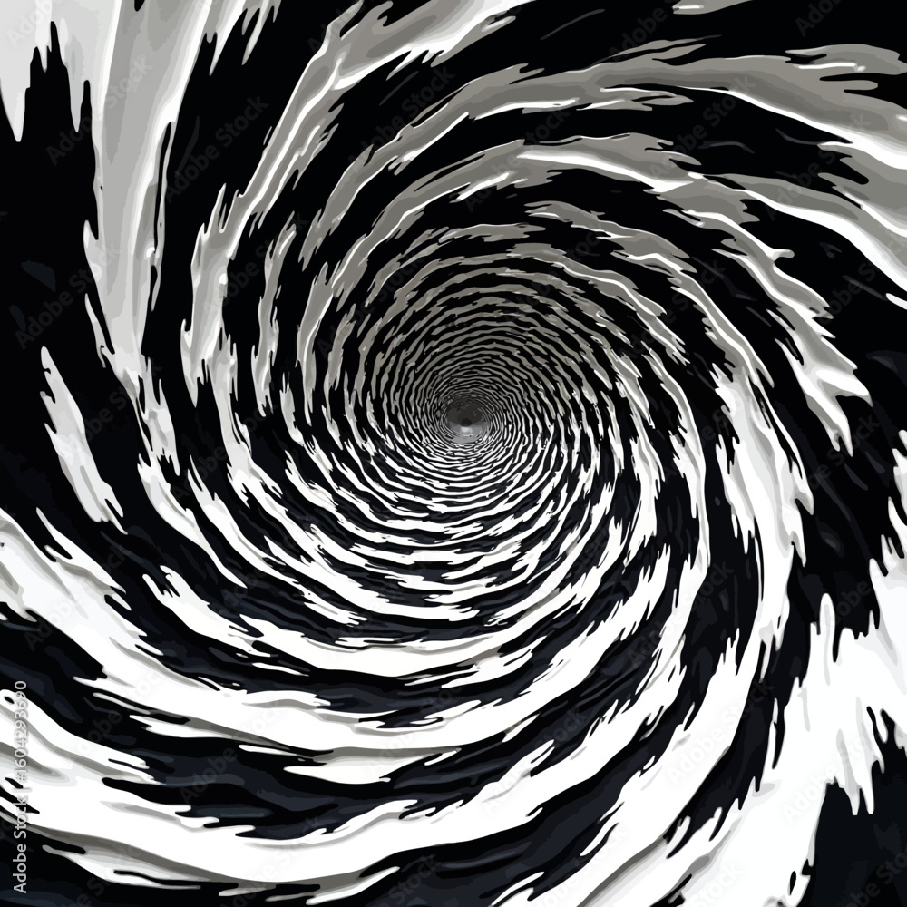 Poster abstract black and white vortex, swirling pattern creating a hypnotic tunnel effect.
