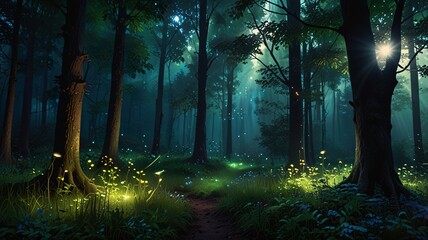 Obraz premium Enchanted Magical Forest with Sunlight, Fireflies and Mystical Glow V2
