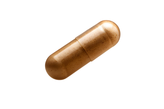 A single brown capsule pill isolated on a transparent background