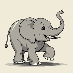 Cartoon elephant walking cheerfully with its trunk raised, a playful and friendly illustration.