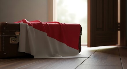 Suitcase with Indonesian Flag Draped with Doorway in Background for Travel