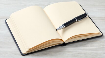 Blank open notebook with pen