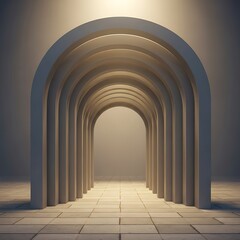 Perspective view down a modern minimalist archway corridor with warm ambient lighting