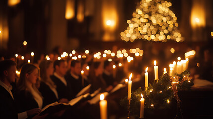  Candlelit Christmas church service with a choir singing hymns 