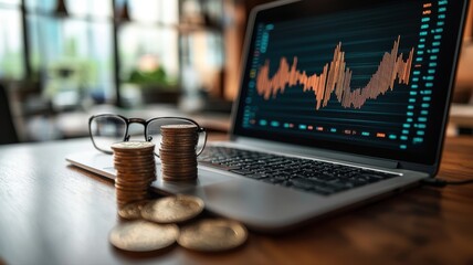 Financial Data and Stock Market Chart on Laptop with Coins Finance Stock Market Investment Trading