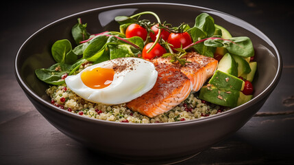 Assiette avec saumon, oeuf, avocat, tomate et salade. Repas sain, diététique et équilibré. Protéine, légume, poisson, fruit. Restauration, nourriture, alimentation. 