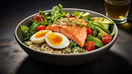 Assiette avec saumon, oeuf, avocat, tomate et salade. Repas sain, diététique et équilibré. Protéine, légume, poisson, fruit. Restauration, nourriture, alimentation. 