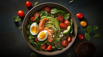 Assiette avec saumon, oeuf, avocat, tomate et salade. Repas sain, diététique et équilibré. Protéine, légume, poisson, fruit. Restauration, nourriture, alimentation. 