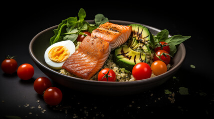 Assiette avec saumon, oeuf, avocat, tomate et salade. Repas sain, diététique et équilibré. Protéine, légume, poisson, fruit. Restauration, nourriture, alimentation. 