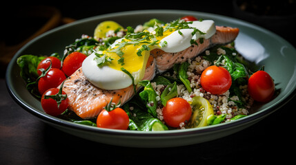 Assiette avec saumon, oeuf, avocat, tomate et salade. Repas sain, diététique et équilibré. Protéine, légume, poisson, fruit. Restauration, nourriture, alimentation. 