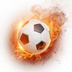 Fototapeta premium Fiery soccer ball ignites with intense flames and smoke isolated on transparent background