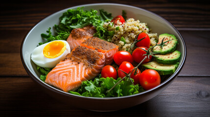 Assiette avec saumon, oeuf, avocat, tomate et salade. Repas sain, diététique et équilibré. Protéine, légume, poisson, fruit. Restauration, nourriture, alimentation. 
