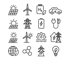 Renewable Energy and Clean Power Line Icons. Solar, Wind, Hydrogen, EV Charging vector illustration.
