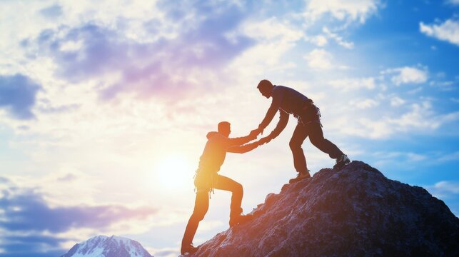 Two People Climbing Mountain Peak Together