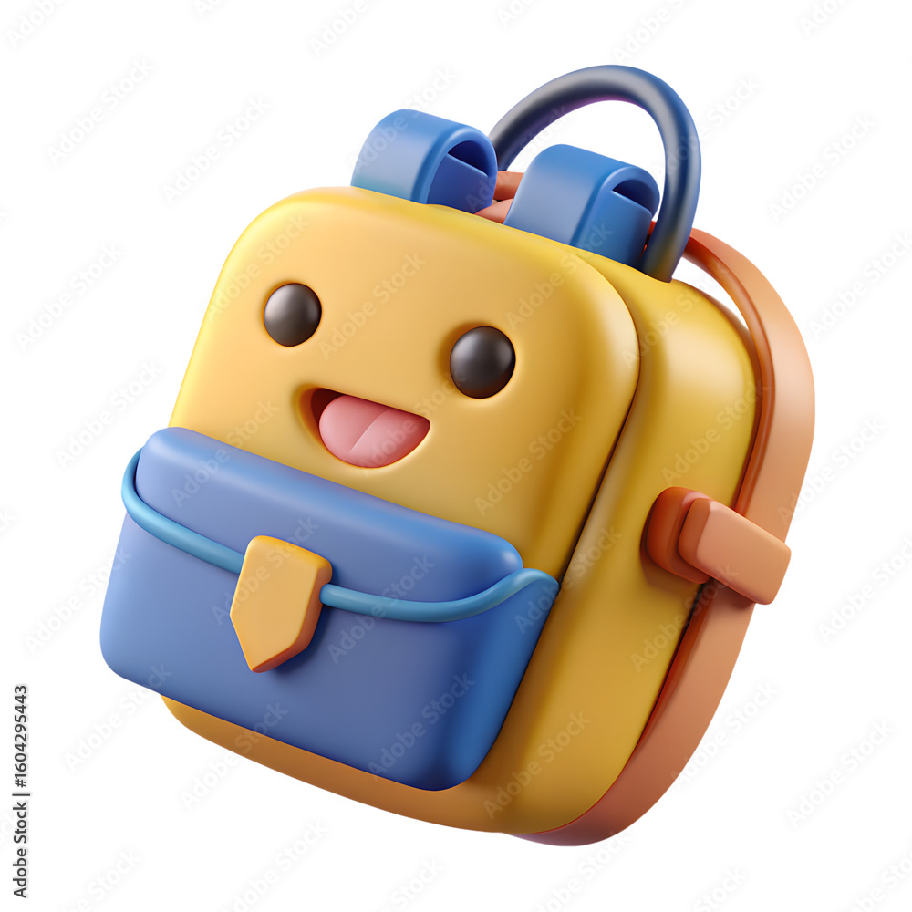 Poster a cheerful yellow backpack with a smiling face in a 3d rendering isolated on transparent background