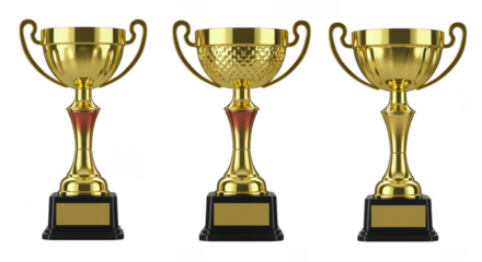 Golden Trio of Trophies: Three meticulously crafted, gleaming gold trophies stand in a row, each a symbol of achievement and a beacon of triumph, reflecting excellence and dedication.